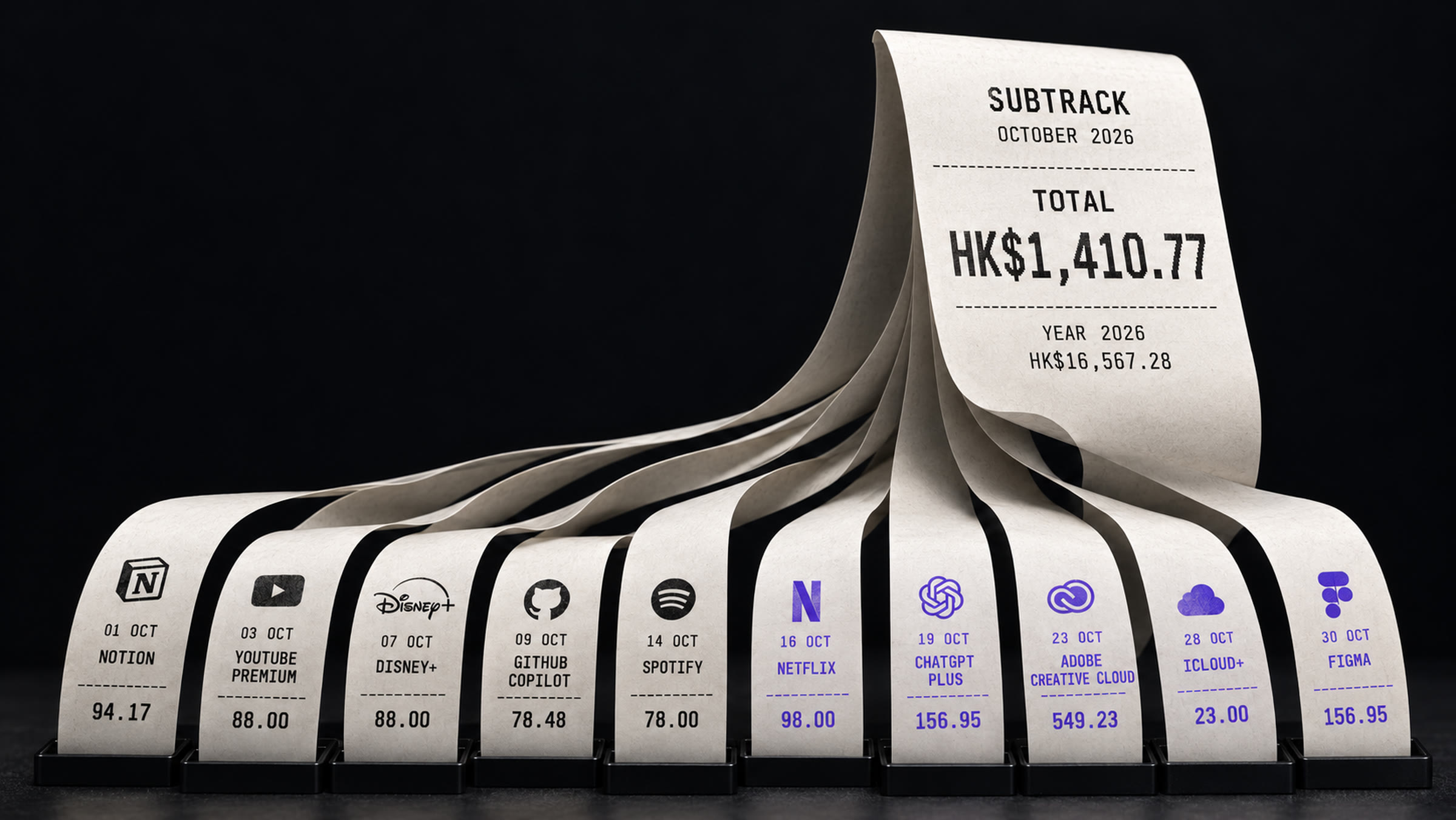 Ten receipts, one for each subscription, rising out of ten small printers and curling together into one receipt that reads total HK$1,410.77 (a generated picture).